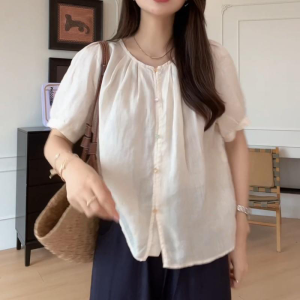 Shalldoer | Fashionable Pearl Button Short Sleeve Loose Womens Sun Protection Shirt Casual Style Summer Slimming Top Round Neck Design