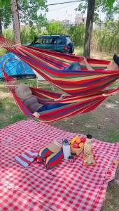 Outdoor Camping Indoor Swing Thickened Colored Strips Adult Double Anti-rollover Canvas Hammock No Wooden Sticks