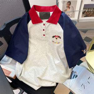 Cute European Style Embroidered Dog Polo Collar Short Sleeve T-Shirt for Women Summer Art Student Milk Cartoon Animation Pattern