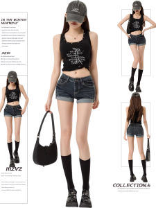 MZVZ | American Retro Low Waist Blue-gray Skinny Denim Shorts