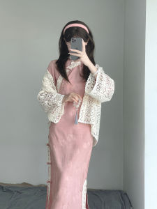 Two-Tone Lace Open Cardigan Versatile Hollow out Loose Fit Black White Cardigan Outerwear Commute Style Long Sleeve Regular Length