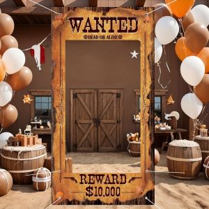 Western Cowboy Wanted Photo Booth Prop Wild West Party Backdrop Door Frame Cutout Decor for Country Themed Barn Rodeo Supplies