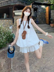 Summer 2025 French Style White Sleeveless Dress Womens Beautiful Beach Vacation Outfit One Set Short Sleeve round Neck Polyester