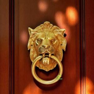 Golden lion head door knocker with ring on wooden door