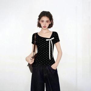 BAIDAIFEI | White Dots Bow Shoulder Short Sleeve T-Shirt Summer Close-Fitting Asymmetric V-Neck