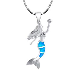 Silver Color Mermaid Pendant Necklace with Blue Opal Iridescent Tail Cubic Zirconia Gem Delicate Chain Jewelry for Women