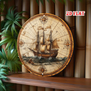 Vintage Nautical Compass Metal Sign Old World Map Aluminum Wall Art Frameless Sailing Ship Decor for Living Room 7.8x7.8 Inch Gi