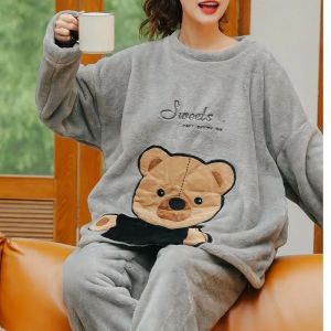 2 Piece Set Thickened Long Sleeve Trouser Set Couple Loungewear Women Flannel Cartoon Bear Gray Two-Piece Set Sleepwear Homewear