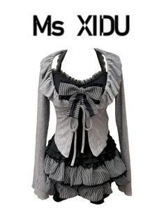 Ms XIDU Autumn Set Black Lace Strap+Gray Knitted Cardigan+Short Cake Skirt Three-piece Long Sleeve Hooded Fashion Set for Women
