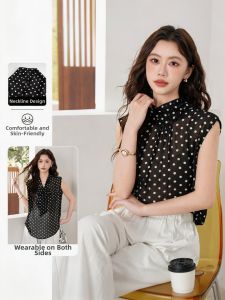 BALENO | Sleeveless V-Neck Reversible Fashion Polka Dot Chiffon French Style Shirt