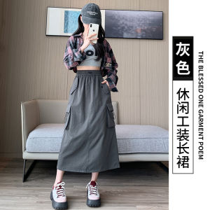 Women Cargo Midi Skirt High Waist A Line Workwear Skirt Big Pockets Side Slit Long Skirt Casual Cotton Twill Skirt Streetwear