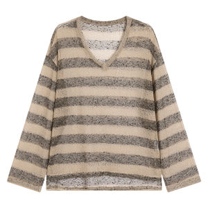 District Ouyang Hollow out V-neck Stripes Knitwear Womens Summer Thin Type Sunscreen Long Sleeves Blouse Retro Loose Tops