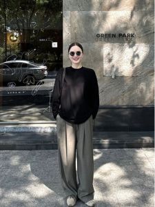 Laid-back Style Korean Version Black Long Sleeve Crew Neck T-shirt Thin Casual Top for Women Autumn New Arrival Slimming Effect