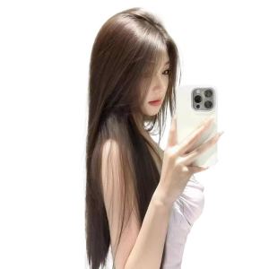 Natural Black Long Straight Wig Womens Full Head Cover Invisible Traceless Parted Fake Hair with Bangs Changing Hairstyle Anti-Aging