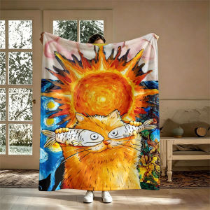 BILIBILI | Van Gogh Style Cat Art Flannel Blanket Perfect for Sofa Office Bed Travel Sleep Read Relax Camping Four Season Use