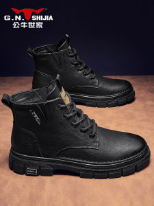 Bull Family Mens Winter Martin Boots Thick Bottom Warm Fleece Lined Snow Boots British Style High Top Workwear Leather Shoes