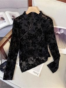 150.00kg Plus Size Autumn National Style Buckle Black Improved Cheongsam Shirt Female Plus Size Ladies Easiest for Match Slimming Long Sleeve Top