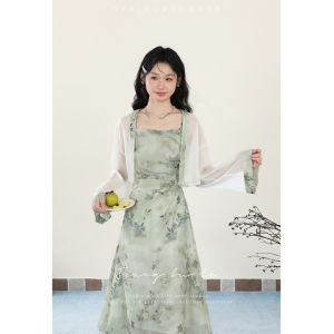 New Chinese Style Belted Summer Dress Womens Sleeveless Long Gown Adjustable Shoulder Strap National Trend A-Line Midi Dress