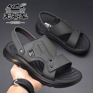 Soft Leather Mens Sandals Summer Dual-Purpose Driving Outdoor Beach Shoes Breathable Slip-On Casual Flats for Youth