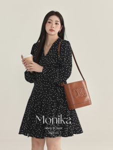 MONIKADM | Đầm Chấm Bi Cổ V Retro cho Size Lớn
