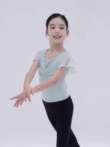daydance | Children Flutter Sleeves Mesh Splice Tops Kids Front Pleated Two-in-one Short Sleeves Breathable Dance Costumes for Toddlers
