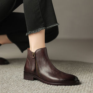 Ankle Boots Womens Boots Spring and Autumn Single Boots round Toe Semi-high Heeled Chunky Heel Genuine Leather Side Zipper 40 Plus size 41 Full-grain Leather Ankle Boots