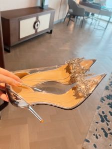 รองเท้าส้นสูงพื้นแบนประดับคริสตัลทรงหัวแหลมแบบผูกโบว์สำหรับผู้หญิง รองเท้าแต่งงานแบบฝรั่งเศส ส้นเตี้ย พื้นยาง ฤดูใบไม้ร่วง 2023