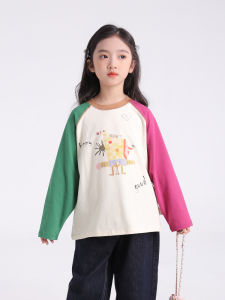 Childrens round Neck T-Shirt Cartoon Print Shoulder Sleeve Long Sleeve Top for Girls Fashionable Autumn New Style Polyester Fiber
