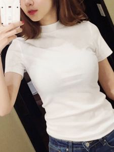 Half Turtleneck White T-Shirt Womens Short Sleeve Silm Pure Cotton Inner Bottoming Shirt Summer Small Turtleneck Tight Tops Thin
