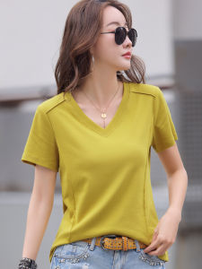 White V-Neck Short Sleeve T-Shirt Womens Loose Fit Cotton Pure Shoulder Halter Neck Top Korean Style Commute Fashion