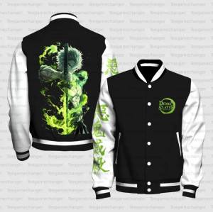 Bandai | Demon Slayer Zenitsu Agatsuma Baseball Jacket Black with Green Lightning Effects and Sleeping Swordsman Back Print for Anime