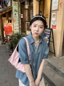 American Retro Denim Short Sleeve Shirt Womens Summer New Design Casual Loose Versatile Womens Shirt Polo Collar Pure Color