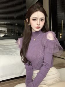 GUZILIAN | Slimming Purple Long Sleeve Hollow Out Shoulder Bordered Shirt Design Korean Style Commute Half High Collar Inner Wear Top