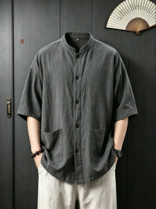 Mandarin Style Light Cotton Linen Shirt 7/8 Sleeve