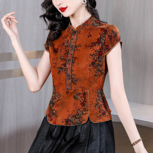 Chinese Style Stand Collar Silk Shirt Ladieswear Short Sleeve Womens Summer Clothes New Arrival Waist Tight Shirt Xiangyun Yarn Tang Suit Upper Clothes