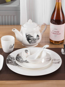 High-End Chinese Style Hotel Bowl Dish Cup Spoon Table Decoration Ceramic Tableware Four-Piece Set Restaurant Landscape Painting Huipai Box Tableware
