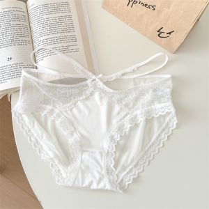 Sensual Lace Trim Satin Low Waist Triangle Panties for Women Breathable Nylon Fabric Pure Color mid Low Waist Design