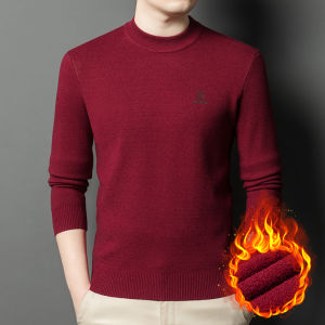 เสื้อสเวตเตอร์ถักคอปกสูงแบบหนาสำหรับผู้ชาย ทรงปกติ แขนยาว สีแดง ทรงพอดีตัว ทรงพอดีตัว สำหรับใส่ไปทำงานในฤดูหนาว