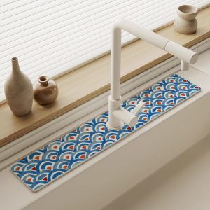 VIKAMA Wave Geometric Printed Faucet Absorbent Pad Quick Drying Sink Splash Proof Pad Retro Ethnic Kitchen Home Decoration