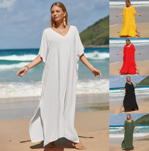Mix Colors Bikini Cover Up Women Solid V-neck Beach Tunic Summer Boho Split Maxi Dress Kaftan Oversize Bathing Suit
