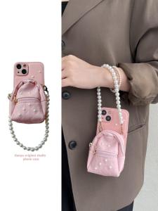 Cute Pearl Crossbody Mini Bookbag for  16Pro Phone Case 14Pro Small 13Promax Pearl Hand Strap 15 Shoulder Strap XSMax Girl Pink 12Pro Women 11