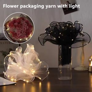 LED Flower Wrapping Paper Florist Bouquet Packaging Decoration with Lights Lace Mesh Wave Yarn Valentines Day Mothers Day Bouquet Gift Material