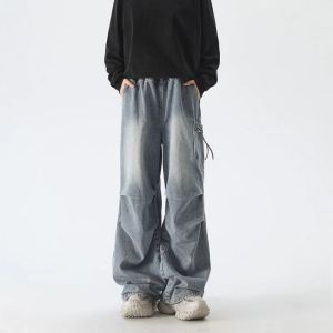 กางเกงยีนส์เอวสูงผู้ชายอินเทรนด์ขาตรงหลวมขากว้างดีไซน์กระเป๋ามีจีบย้อนยุคสไตล์ตามท้องถนนสูง