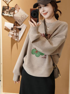 Double-Sided Fleece Hoodie Sweatshirt Women Loose Slimming Printed Comfortable Long Sleeve round Neck Korean Style Top