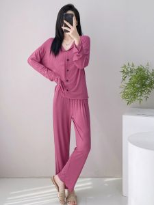 ชุดนอนผู้หญิง Modal แขนยาวหลวมๆ ฤดูใบไม้ร่วง ชุดอยู่บ้าน คอวี 2 ชิ้น คอกลม เสื้อคลุมกันหนาวปลอม สวมใส่สบาย