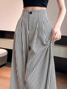 High Waist Striped Loose Wide Leg Pants Womens Autumn Thin Ice Silk Cotton Linen Floor Length Sambon Long Pants