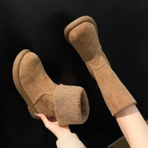 European Goods Best Selling Pure Leather Two-Way Flanging Flat Heel Mid-Calf Boots for Women Winter Suede Real Leather with Fleece Lining Snow Boots Thermal Cotton Boots