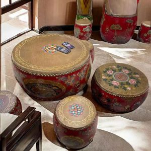 Ming-Qing Period Solid Wood Chinese Creative Cowhide Drum Stool Retro Vintage Hand Painting Distressed round Stool Customizable