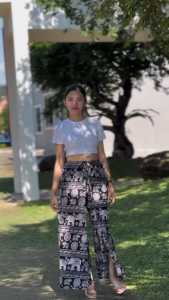 กางเกง2สาย ขายาว ผ้าเรยอน ลายช้าง สไตล์เอวสูงสำหรับผู้หญิง