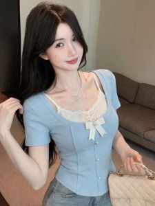 GUZILIAN | Áo Thun Hè Nữ Form Ôm Hai Mảnh Viền Ren Nơ Trang Trí